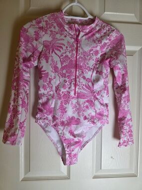 Jessica Simpson Pink Floral Long-Sleeve One-Piece Swimsuit